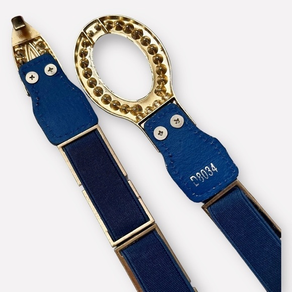 Vintage 80s Rhinestone Greek Key Blue Stretchy Belt - Picture 10 of 12